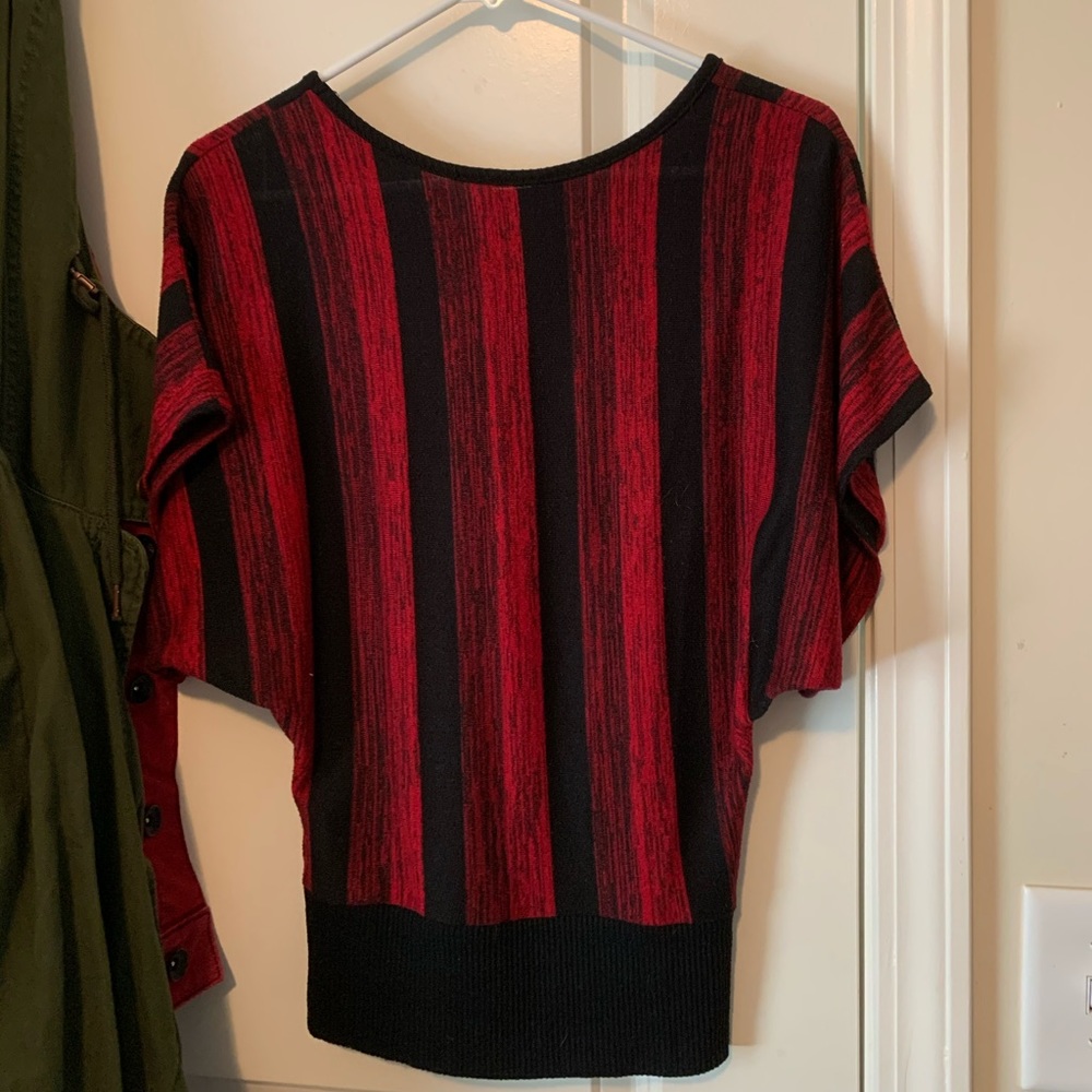 Sears brand red black pinstripe rayon blouse